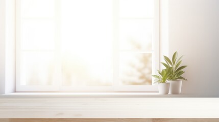 Wooden table in front of window. and plant and pot 3d rendering, mock up