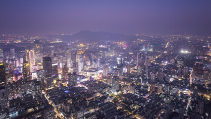 Aerial photography of night scenes of urban buildings in the center of Nanjing city