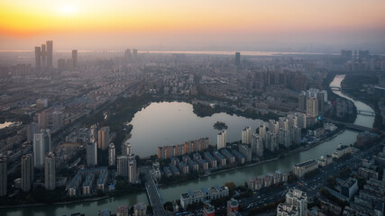 Aerial photo of Nanjing Mochou Lake under sunset