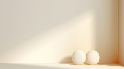 Two white eggs on a white wall with shadows. 3D rendering