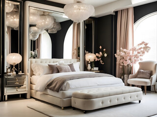 a vintage Hollywood minimalist bedroom design with glamourous accents and hidden storage in mirrored furniture design.
