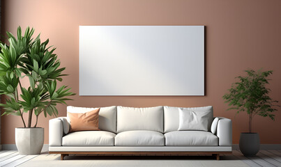 Canvas  interior of  luxury modern apartment of the living room with a mock-up frame  with white sofa and plant.