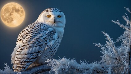 A snowy owl perched on a frost-covered branch under the moonlight Generative AI