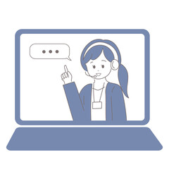 オンラインミーティングでモニター越しに映る女性担当者のイラスト