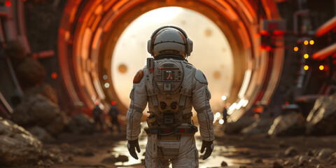 Back view of astronaut wearing space suit walking on a surface of a red planet. Martian base gate in the background.