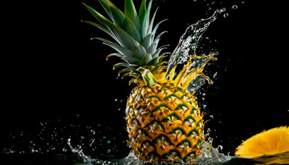 Pineapple Splash on Black Background.
