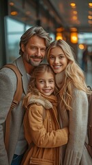 Posing for the camera with a luggage, a father, mother, and daughter are getting ready for a trip.