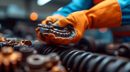 Close-up of mechanic hands in orange gloves holding a wrench.
