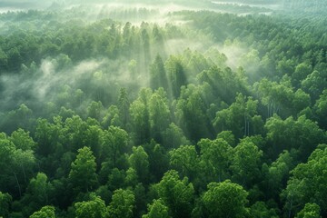 Aerial view of misty forest with sun rays in the morning