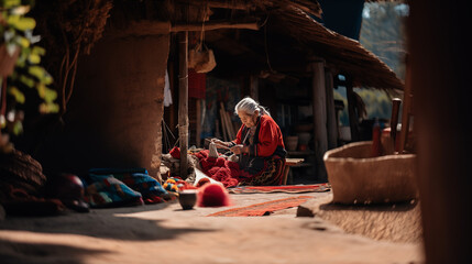 Photograph of an old Peruvian woman weaving wool. She is sitting outside on a wooden stool
