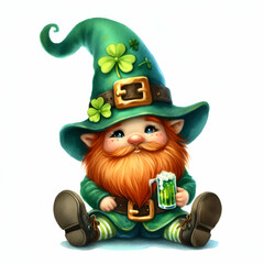cute watercolor st.patrick gnome on white background