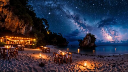 Beautiful night sky with milky way and stars above the beach.