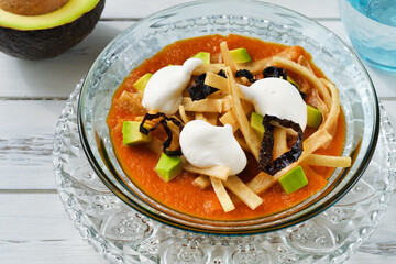 メキシコのトルティージャのスープ　ソパ・デ・トルティージャ（ソパ・アステカ）コピースペースあり
 Mexican tortilla soup　Sopa de Tortilla (Sopa Azteca）with copy space