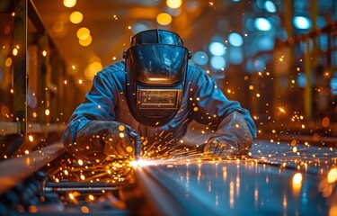 Labourer in the manufacturing sector, welding steel framework