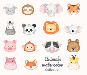 cartoon animals head watercolors series