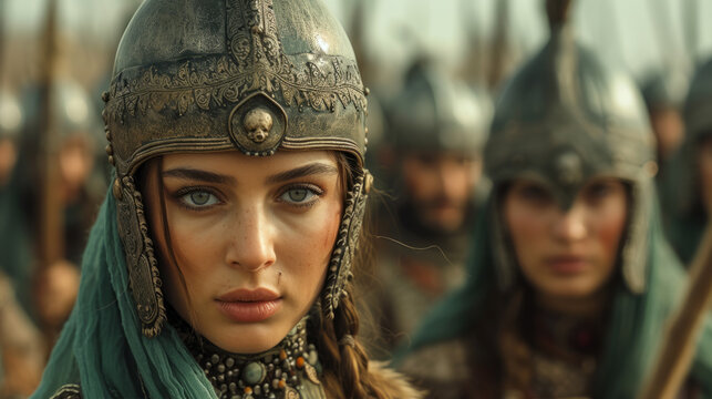 Ancient brave female ottoman warriors ( Baciyan ) with helmets.