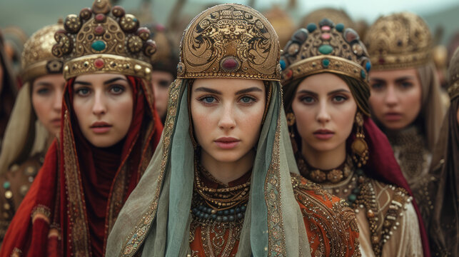 Beautiful young turkish ottoman girls with traditional clothing and jewelry.