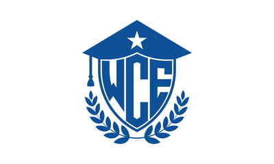 WCE three letter iconic academic logo design vector template. monogram, abstract, school, college, university, graduation cap symbol logo, shield, model, institute, educational, coaching canter, tech