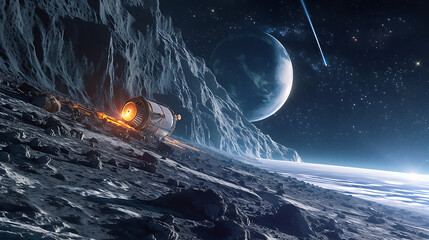 Uma representação artística de uma sonda espacial explorando um exoplaneta distante simbolizando os avanços na exploração espacial e descobertas astronômicas - obrazy, fototapety, plakaty