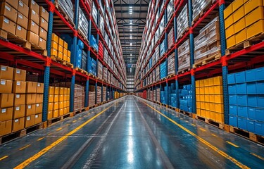Fototapeta premium Goods boxes arranged in rows on shelves in a contemporary industry warehouse store at factory warehouse storage