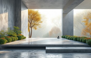 A concrete hallway with a park backdrop serves as a space for product demonstrations.