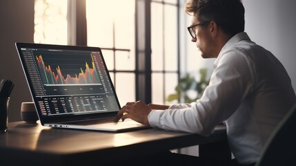 Businessman using computer laptop analyzing and calculating financial data report, investment growth goals, Business strategy and planning, business finance and investment,  Generative Ai