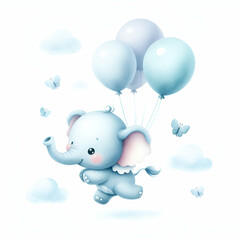 watercolor Light blue cute little elephant floating in the air with balloons on white background