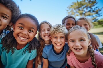 Obraz premium Group of diverse cheerful fun happy multiethnic children outdoors at the schoolyard