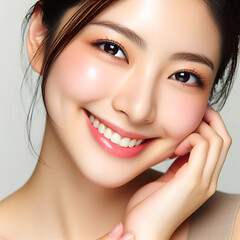 woman touch face with smooth healthy skin. Beautiful young looking asian woman happy smiling, beauty and cosmetics advertising concept