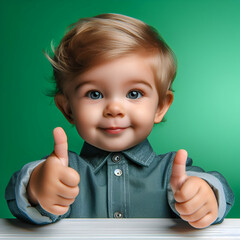 a toddler giving a thumbs up on green background, banner concept