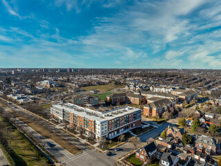 Aerial view of the former Memorial stadium redevelopment, now community recreational baseball field, mixed income senior residential complex, nursing center in Ednor gardens , Montebello Baltimore