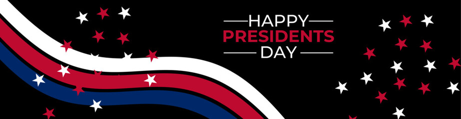 Happy Presidents Day banner. Federal holiday in America. Banner with US flag. Header for letters, websites, mailing lists. Happy Presidents Day with stars and ribbon. sale banner, poster.