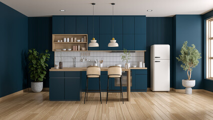 Blue kitchen room interior and  kitchen islands with breakfast bars , Modern style furniture ,3d render