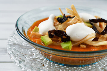 メキシコのトルティージャのスープ　ソパ・デ・トルティージャ（ソパ・アステカ）コピースペースあり
 Mexican tortilla soup　Sopa de Tortilla (Sopa Azteca）with copy space