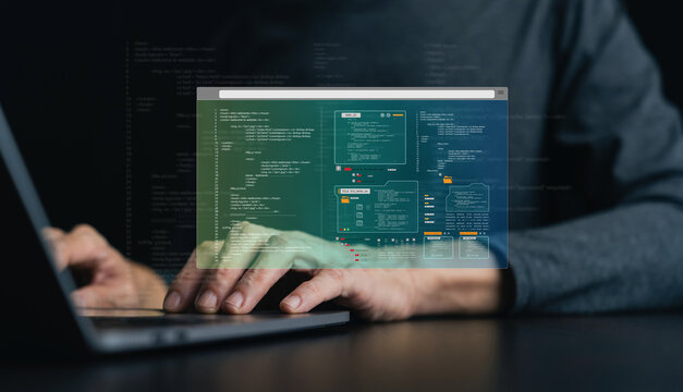Computer software programmer or data engineering coding developer working on datum language. Information transformation development, blockchain database algorithm technology. Website programing design