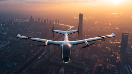 Uma aeronave elétrica de decolagem e pouso vertical e V T O L em voo representando a evolução da mobilidade aérea urbana e transporte ecologicamente correto