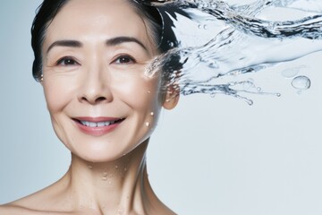 水しぶきと年配の日本人女性のスキンケアイメージ（おばさん・おばあさん・化粧水・洗顔・美肌・スキンケアモデル） - obrazy, fototapety, plakaty