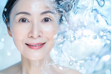 水しぶきと年配の日本人女性のスキンケアイメージ（おばさん・おばあさん・化粧水・洗顔・美肌・スキンケアモデル） - obrazy, fototapety, plakaty