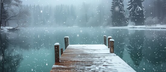 Enchanting Winter Scene: Wooden Pier on Emerald Pond Reflecting the Serene Winter Wonderland