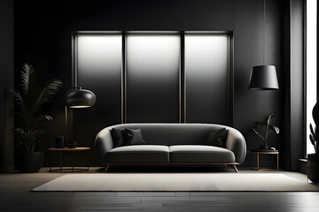 black interior dark background illustration minimalist modern design, elegant dramatic, chic stylish black interior dark background design.