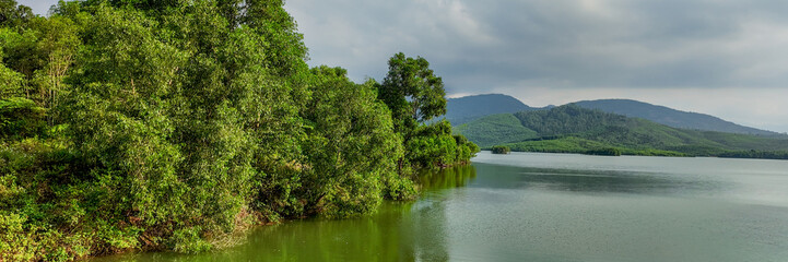 Panoramic view of a tranquil lake with lush greenery and distant mountains under a cloudy sky, ideal for concepts of nature and serenity Earth Day concept