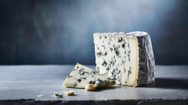 Wedge of Creamy Blue Cheese with Marble Texture on Table