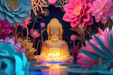 glowing golden buddha with crystal paper cut flowers and halo chakra light around head