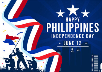 Philippines Independence Day Vector Illustration on 12 June with Waving Flag and Ribbon in National Holiday Celebration Flat Cartoon Background