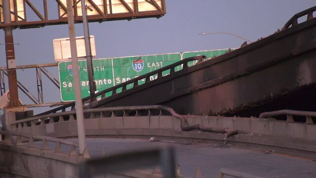 Damage on the Interstate 10, sunny evening in Los Angeles, California, USA