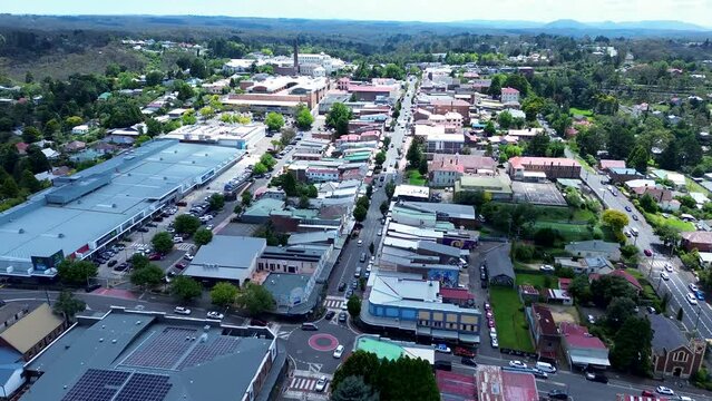 Aerial Drone Main Town Centre CBD Commercial Shops Restaurants Roads Streets Katoomba Street Roundabout Blue Mountains Australia