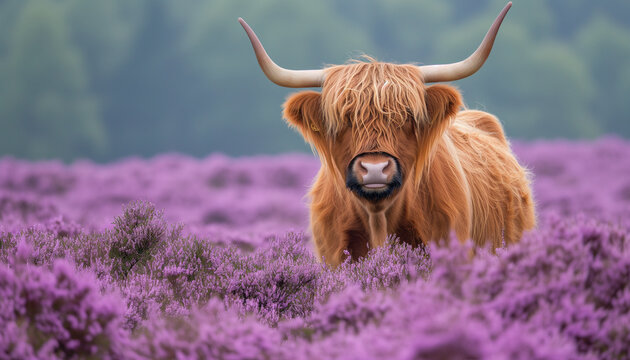 A Highland cow with long, shaggy fur and curved horns stands amidst a lush field of purple heather, creating a striking contrast against the green hillside in the background