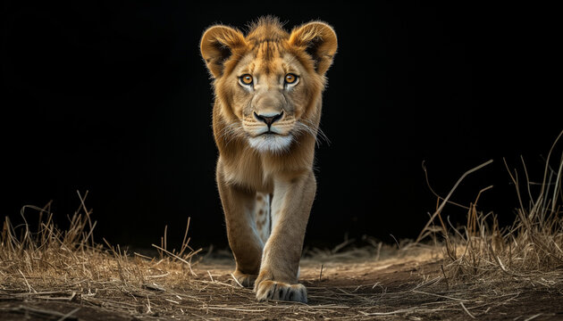 A young lion approaches head-on with an intense gaze, exuding confidence and the majestic aura of the wild African savannah
