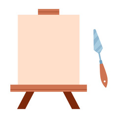 Wooden easel and painting knife. Cartoon artist equipment clean canvas and little painting knife isolated on white background.