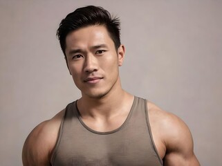 Cute and Handsome Muscle Asian Guy in Tank Top Looking at Camera Isolated on Wall Background Portrait